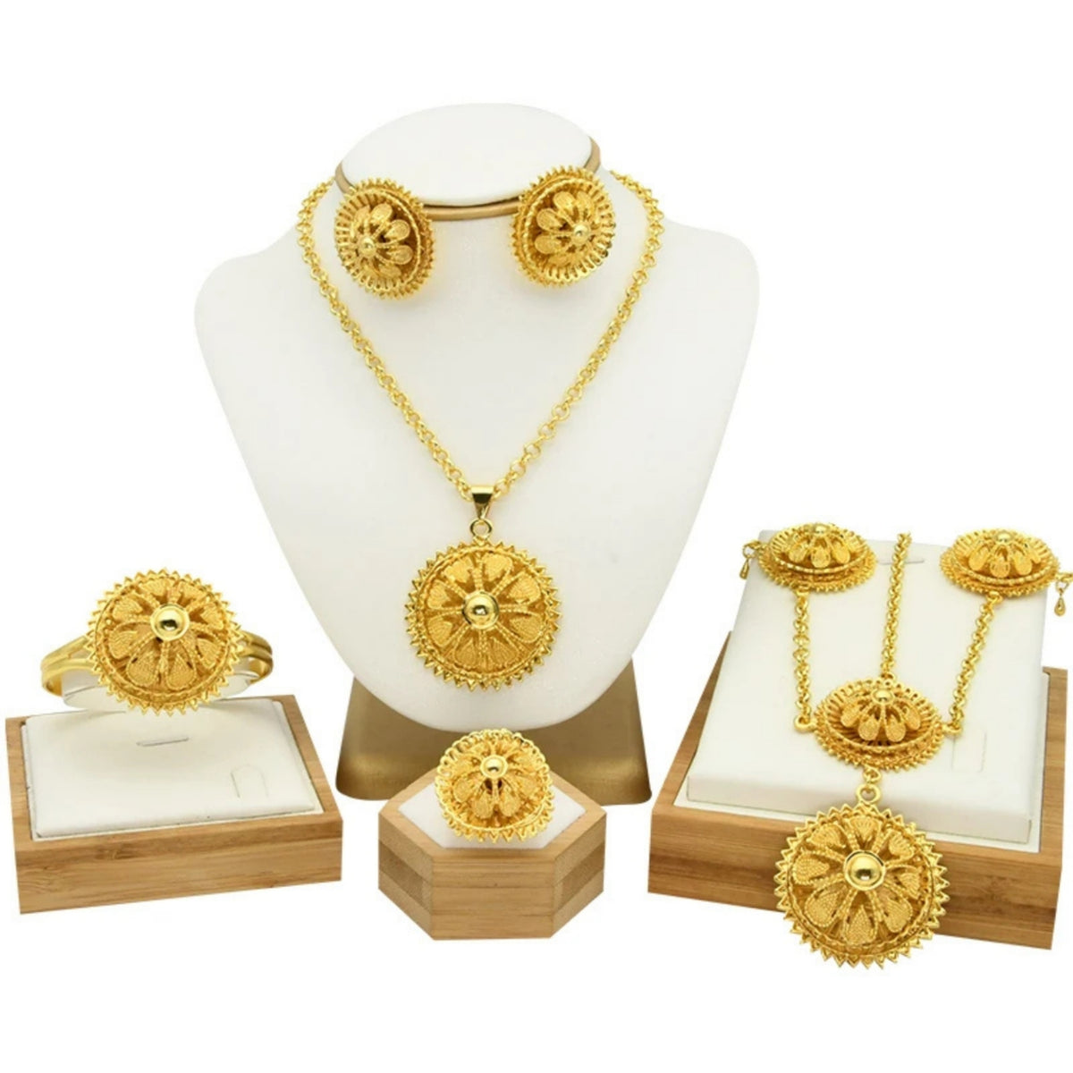 Ethiopian Gold Color 6pcs Jewelry Sets For Women Dubai Flower Shape Nigerian Luxury Necklace Jewellery Set Wedding Gifts