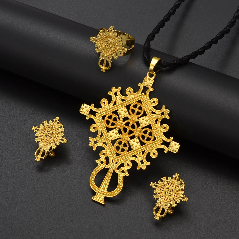 Ethiopian Traditiona Cross Pendant Black Rope Earrings Ring Jewelry Sets African Eritrean Religion Wedding Gifts