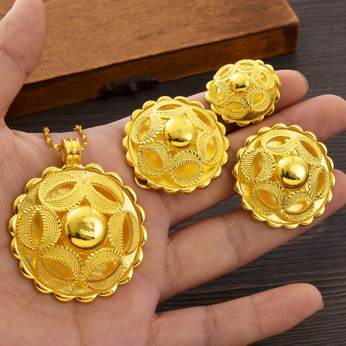 Eritrean Ethnic Style Jewelry Set Gold Color Necklace Pendant Ring Earring Ethiopian Bride Traditional Wedding Jewelry Gift