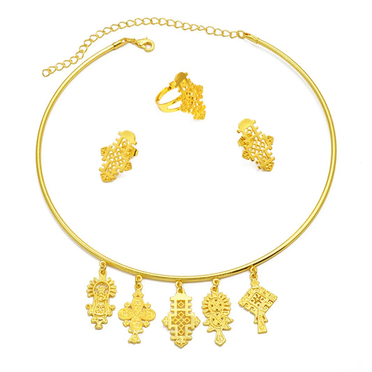 Ethiopian Eritrea Ethnic Jewelry Sets With Cross Chokers Earrings Rings for Women Africa Wedding Party Gifts
