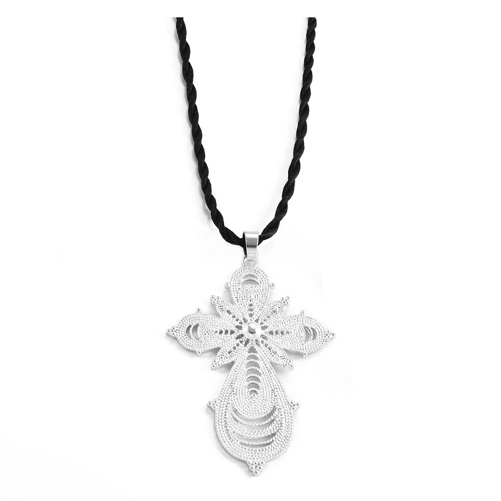 7.6CM Ethiopian Big Cross Pendant Black Rope for Women ,Eritrean Wedding Jewelry African Crosses
