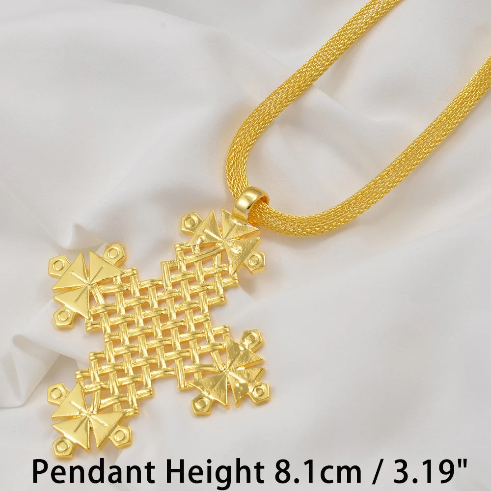 Ethiopian Big Cross Pendant Necklaces for Women Gold Color Eritrean African Ethnic Traditional Jewelry