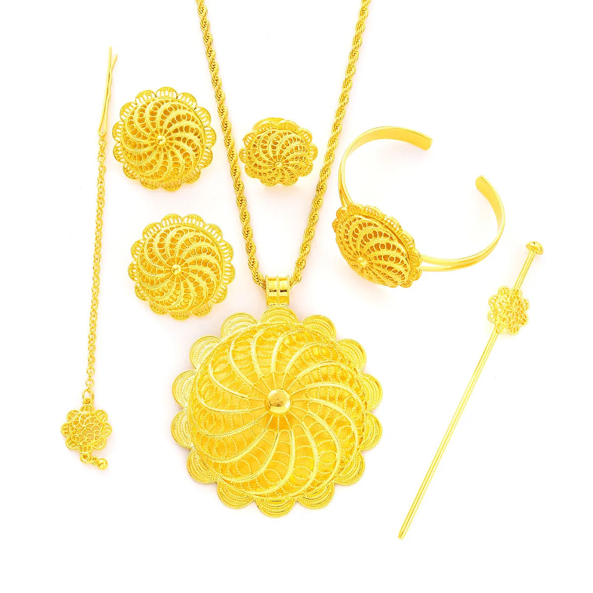 Ethiopian Gold Color Jewelry Sets Big Pendant Necklace Earrings Bracelet Rings Gift Bride Wedding Party