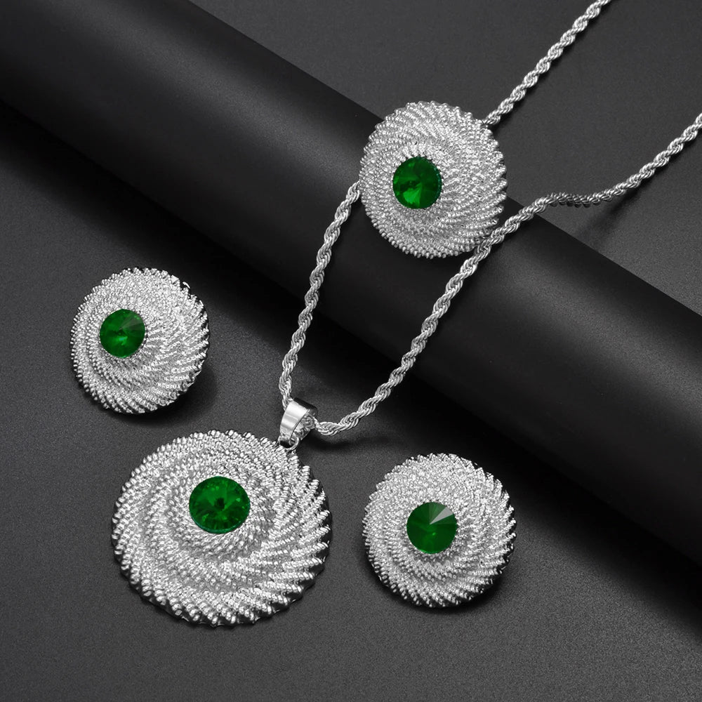 Ethiopian Jewelry Sets RED/BLUE/GREEN Pendant Necklaces Earrings Rings Habesha Eritrean African Marriage Dowry
