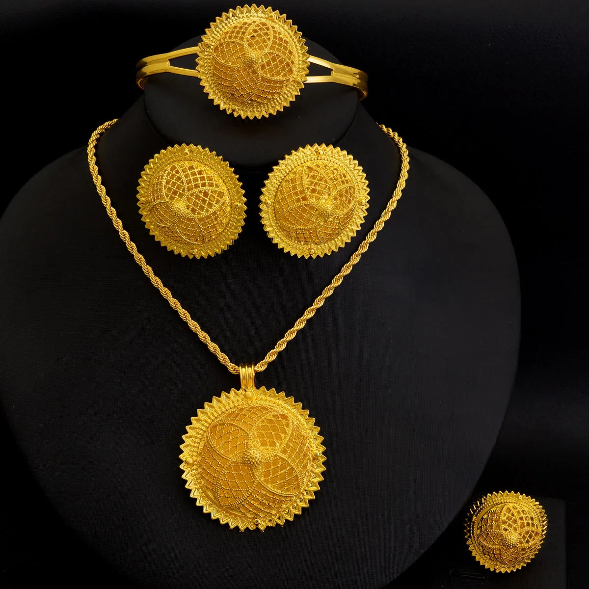 Golden Color Jewelry Set Women Pendan Ring Earring Bangle Head Chain Hairpin Ethiopian Bride Wedding Gifts