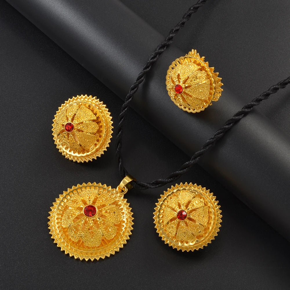 Ethiopian Jewelry Sets Red Stone Pendant and Black Rope Earrings Bracelet Rings Habesha Eritrean African Wedding