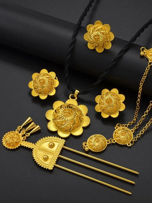 Ethiopian Ethnic Wedding Jewelry Sets Eritrean Habesha African Necklaces Earrings Ring Hairpin Forehead-chain
