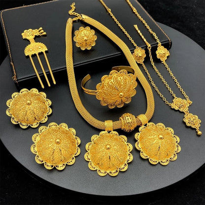 Ethiopian Gold Color 6pcs Jewelry Sets For Women Dubai Flower Shape Nigerian Luxury Necklace Jewellery Set Wedding Gifts