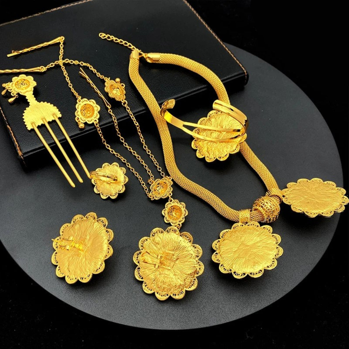 Ethiopian Gold Color 6pcs Jewelry Sets For Women Dubai Flower Shape Nigerian Luxury Necklace Jewellery Set Wedding Gifts
