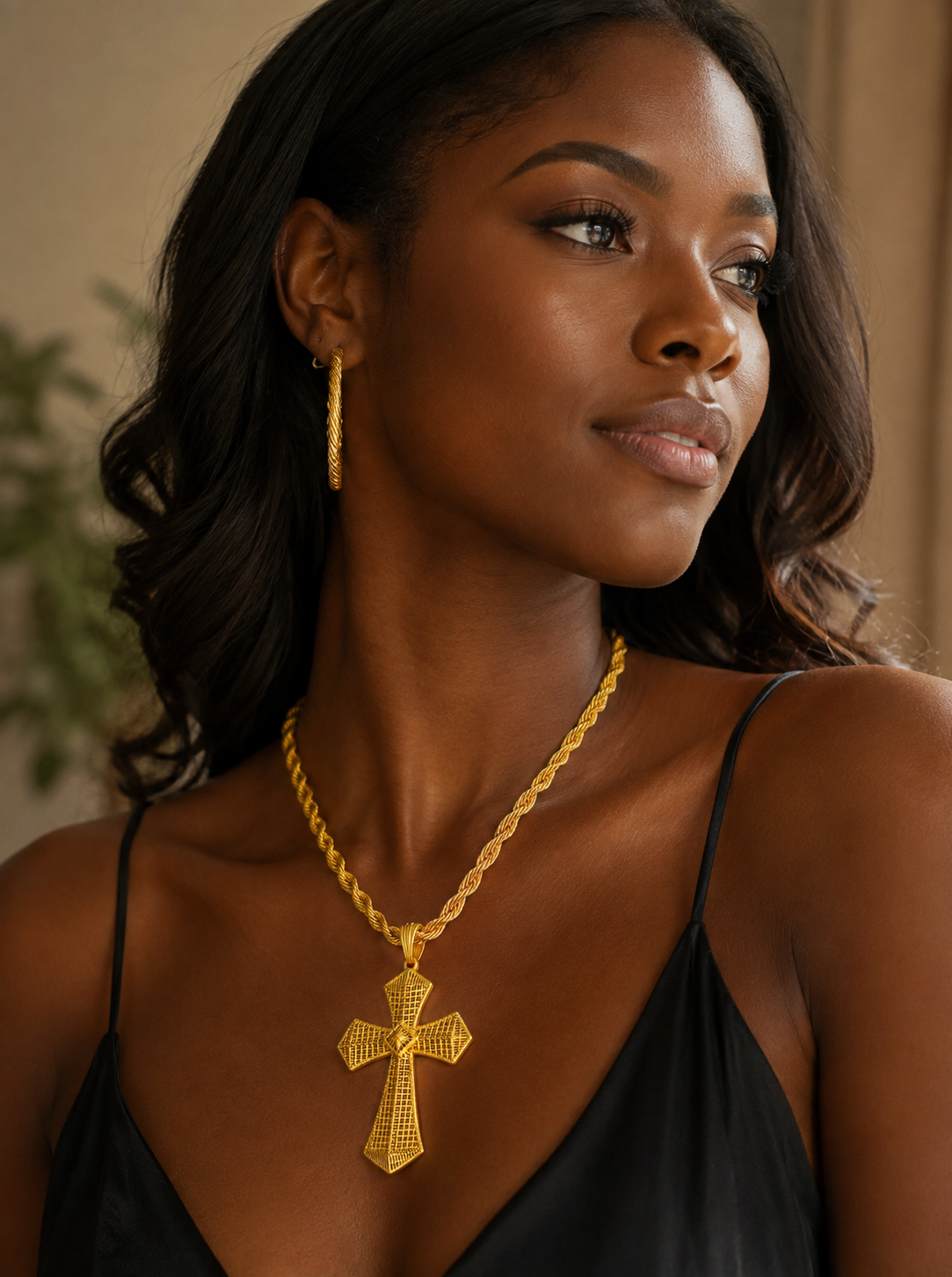 Ethiopian Cross Pendant Twisted Chain for Women Man African Wedding Party Gold Color Eritrea Jewelry Cross Gift