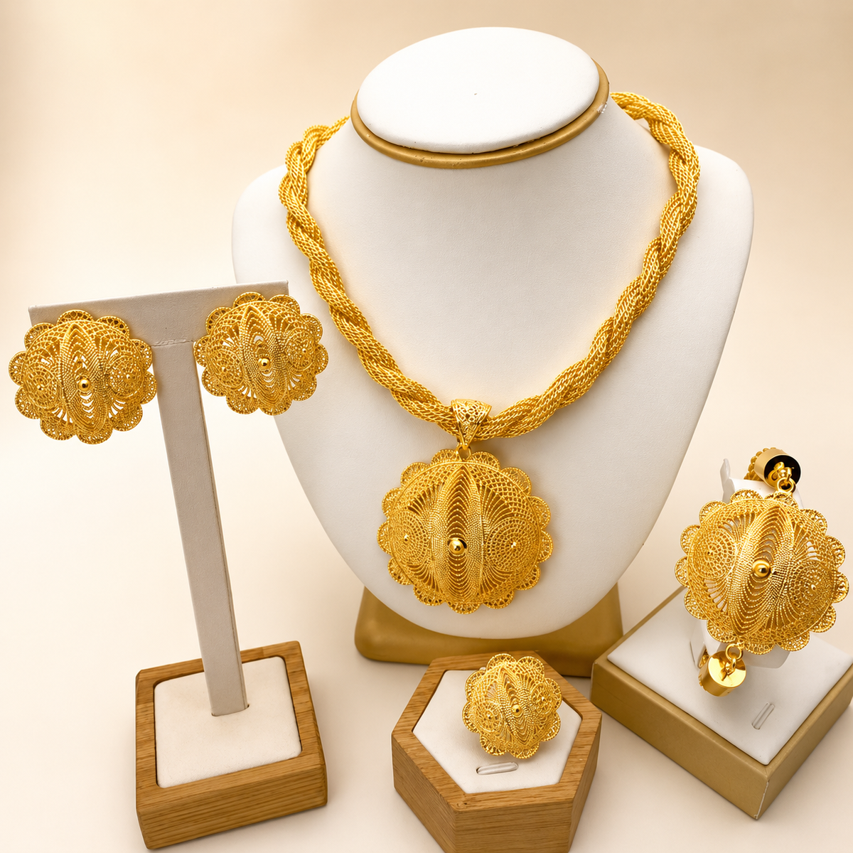 Luxury Ethiopian 24k Gold Color Twisted Necklace And Earrings Jewelry Sets For Women Dubai Indian Bridal Set Wedding
