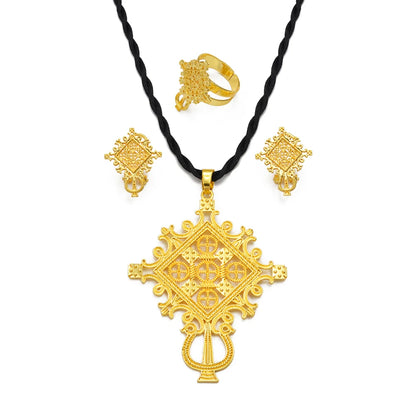 Ethiopian Traditiona Cross Pendant Black Rope Earrings Ring Jewelry Sets African Eritrean Religion Wedding Gifts