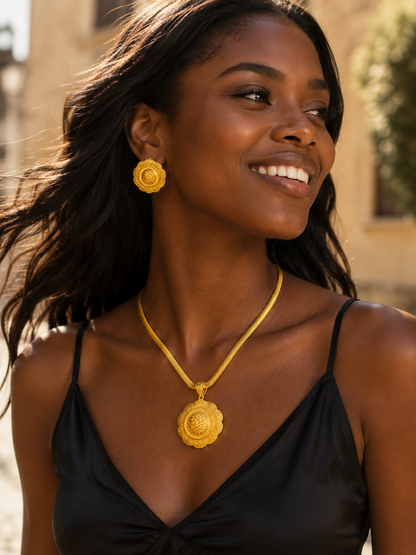 Luxury Ethiopian Round Necklace And Earrings Jewelry Sets For Women Dubai Indian Bridal 24k Gold Color Set Wedding Party Gifts