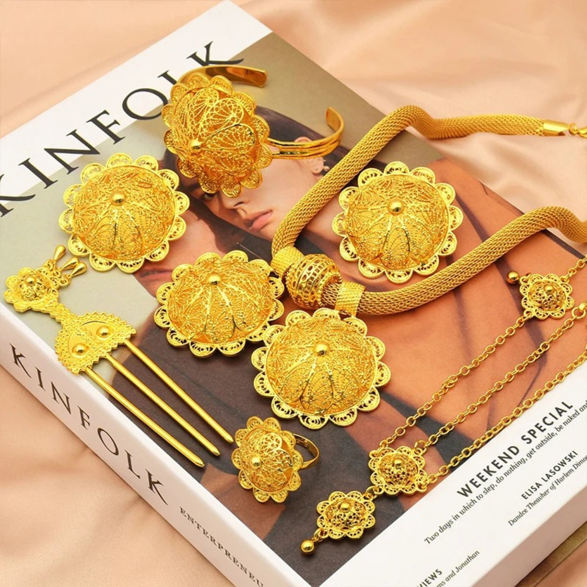 Ethiopian Gold Color 6pcs Jewelry Sets For Women Dubai Flower Shape Nigerian Luxury Necklace Jewellery Set Wedding Gifts
