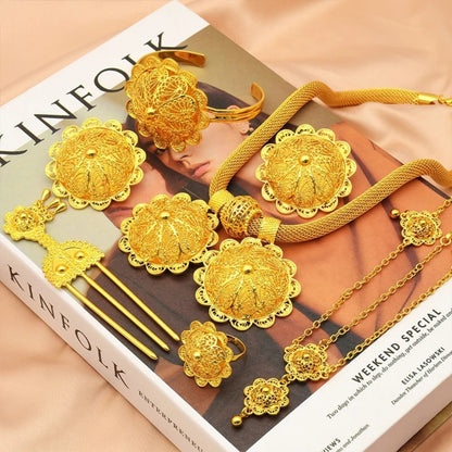Ethiopian Gold Color 6pcs Jewelry Sets For Women Dubai Flower Shape Nigerian Luxury Necklace Jewellery Set Wedding Gifts