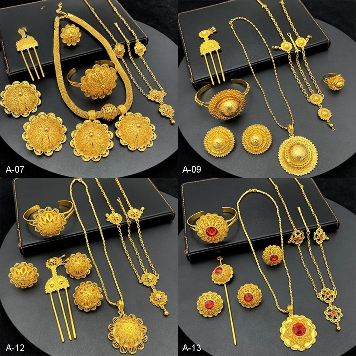 Ethiopian Gold Color 6pcs Jewelry Sets For Women Dubai Flower Shape Nigerian Luxury Necklace Jewellery Set Wedding Gifts