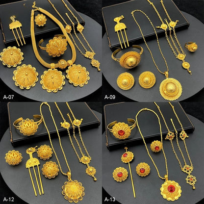 Ethiopian Gold Color 6pcs Jewelry Sets For Women Dubai Flower Shape Nigerian Luxury Necklace Jewellery Set Wedding Gifts