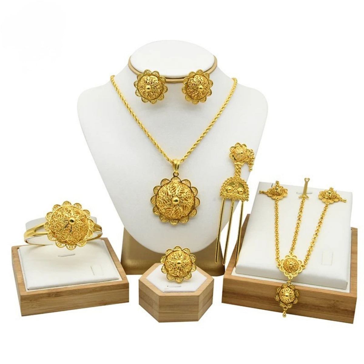 Ethiopian Gold Color 6pcs Jewelry Sets For Women Dubai Flower Shape Nigerian Luxury Necklace Jewellery Set Wedding Gifts