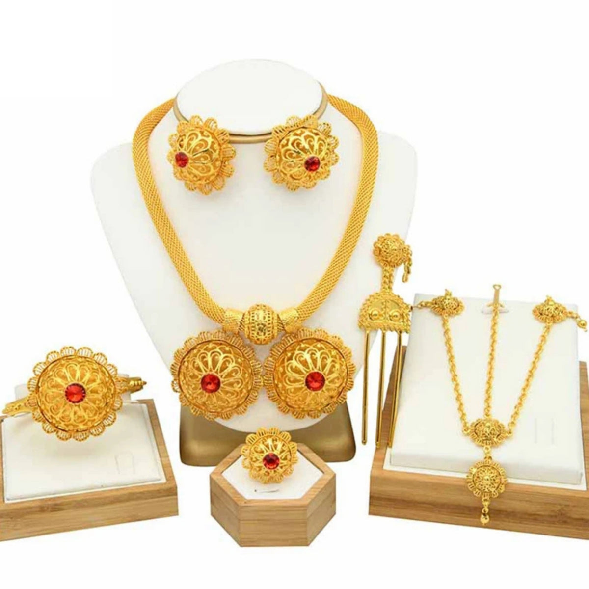 Ethiopian Gold Color 6pcs Jewelry Sets For Women Dubai Flower Shape Nigerian Luxury Necklace Jewellery Set Wedding Gifts