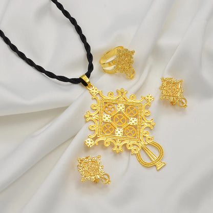 Ethiopian Traditiona Cross Pendant Black Rope Earrings Ring Jewelry Sets African Eritrean Religion Wedding Gifts