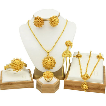 Ethiopian Gold Color 6pcs Jewelry Sets For Women Dubai Flower Shape Nigerian Luxury Necklace Jewellery Set Wedding Gifts