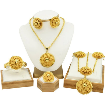 Ethiopian Gold Color 6pcs Jewelry Sets For Women Dubai Flower Shape Nigerian Luxury Necklace Jewellery Set Wedding Gifts