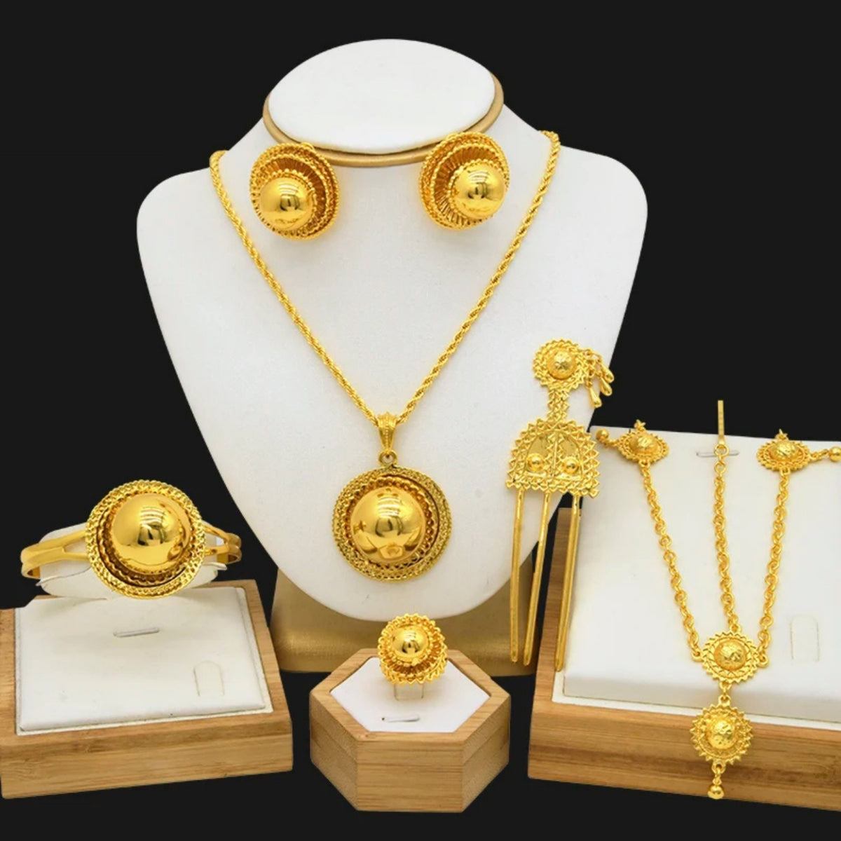 Ethiopian Gold Color 6pcs Jewelry Sets For Women Dubai Flower Shape Nigerian Luxury Necklace Jewellery Set Wedding Gifts
