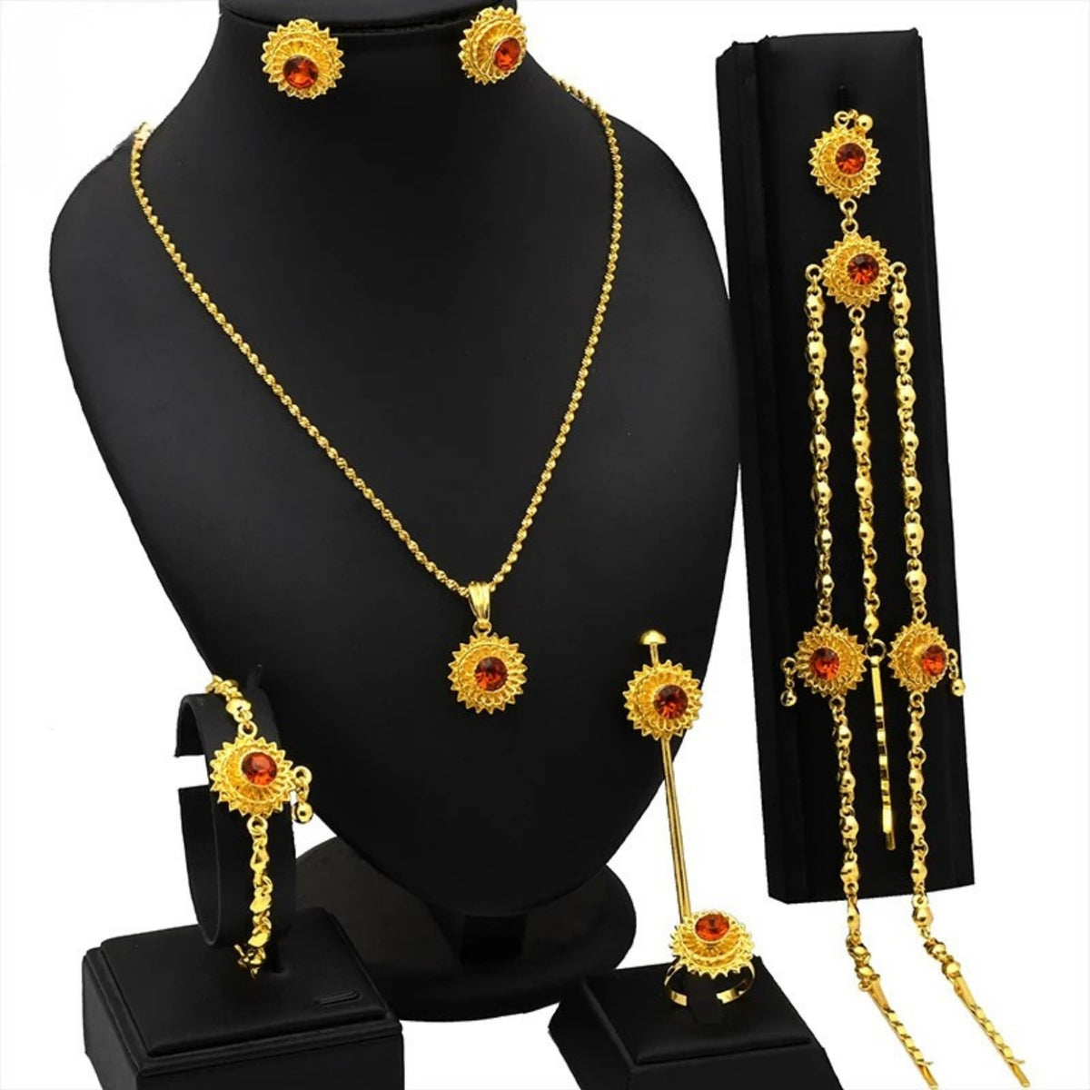 Ethiopian Gold Color 6pcs Jewelry Sets For Women Dubai Flower Shape Nigerian Luxury Necklace Jewellery Set Wedding Gifts