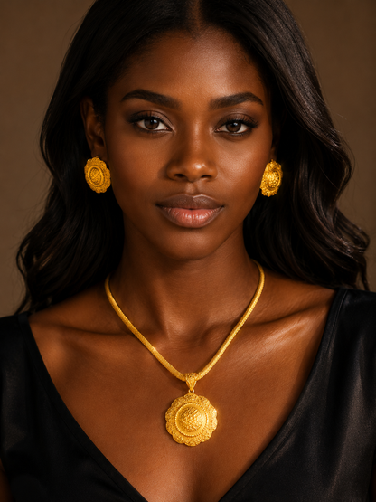 Luxury Ethiopian Round Necklace And Earrings Jewelry Sets For Women Dubai Indian Bridal 24k Gold Color Set Wedding Party Gifts