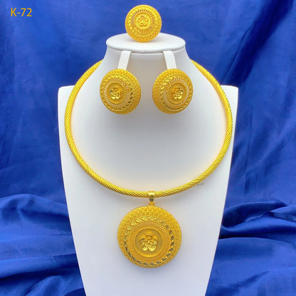 Luxury Ethiopian Round Necklace And Earrings Jewelry Sets For Women Dubai Indian Bridal 24k Gold Color Set Wedding Party Gifts