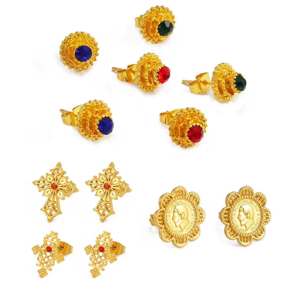 Ethiopian Small Round & Cross Stud Earrings Women  Eritrean Jewelry African Little Ear Studs With Rhinestone