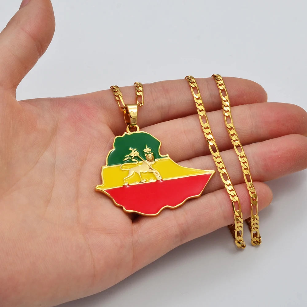 4.7CM Ethiopian Map Flag Pendant Necklace for Women Men Gold Color Ethiopia Jewelry Map Chains