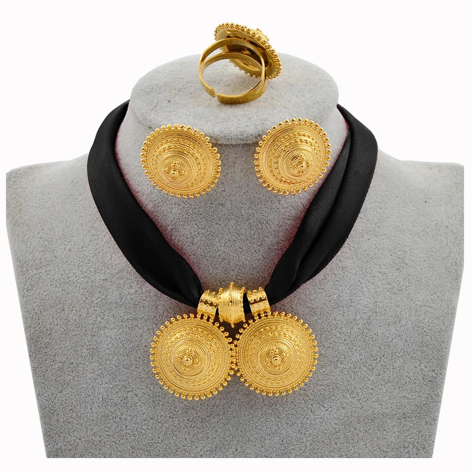 DIY Rope Chain Ethiopian Jewelry Set Gold Color Eritrea Ethnic Style Habesha Pendant Earrings Ring