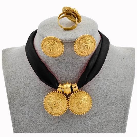DIY Rope Chain Ethiopian Jewelry Set Gold Color Eritrea Ethnic Style Habesha Pendant Earrings Ring