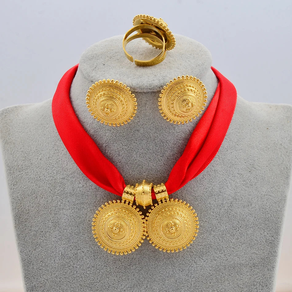 DIY Rope Chain Ethiopian Jewelry Set Gold Color Eritrea Ethnic Style Habesha Pendant Earrings Ring