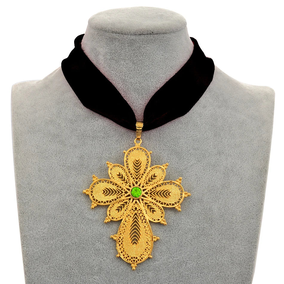 Ethiopian Wedding Party Cross Pendant DIY Rope Chain for Women ,Gold Color Eritrea Jewelry African Crosses