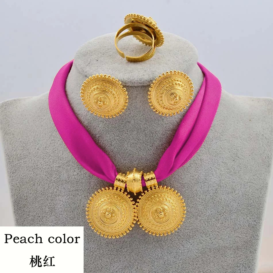 DIY Rope Chain Ethiopian Jewelry Set Gold Color Eritrea Ethnic Style Habesha Pendant Earrings Ring