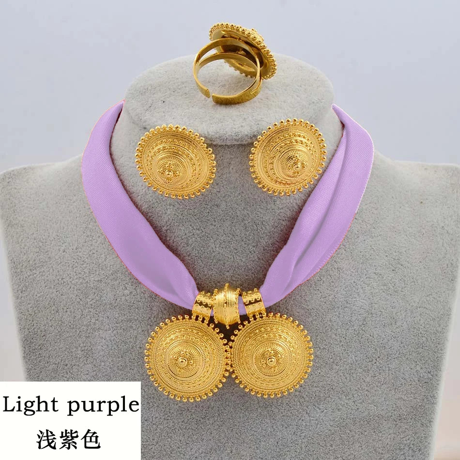 DIY Rope Chain Ethiopian Jewelry Set Gold Color Eritrea Ethnic Style Habesha Pendant Earrings Ring