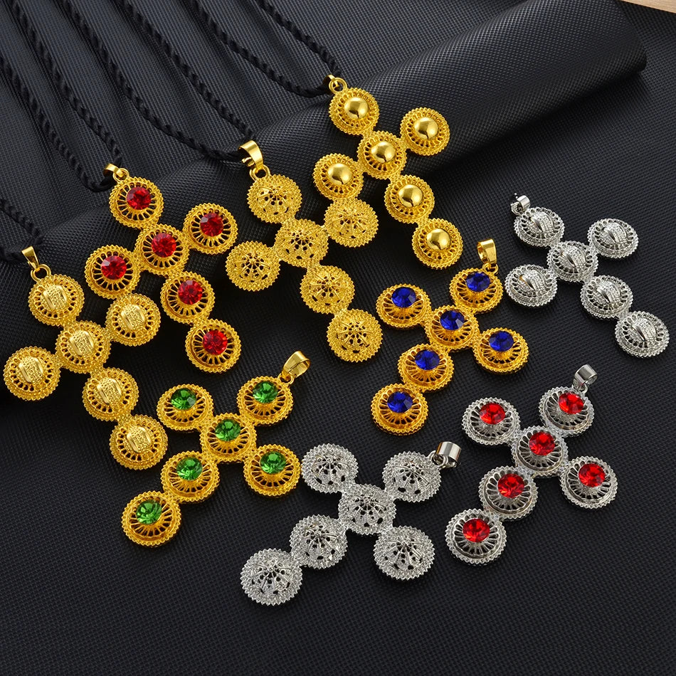 Ethiopian Cross Pendant and Black Rope For Women  Silver Color/Gold Color African Jewelry Eritrean Married