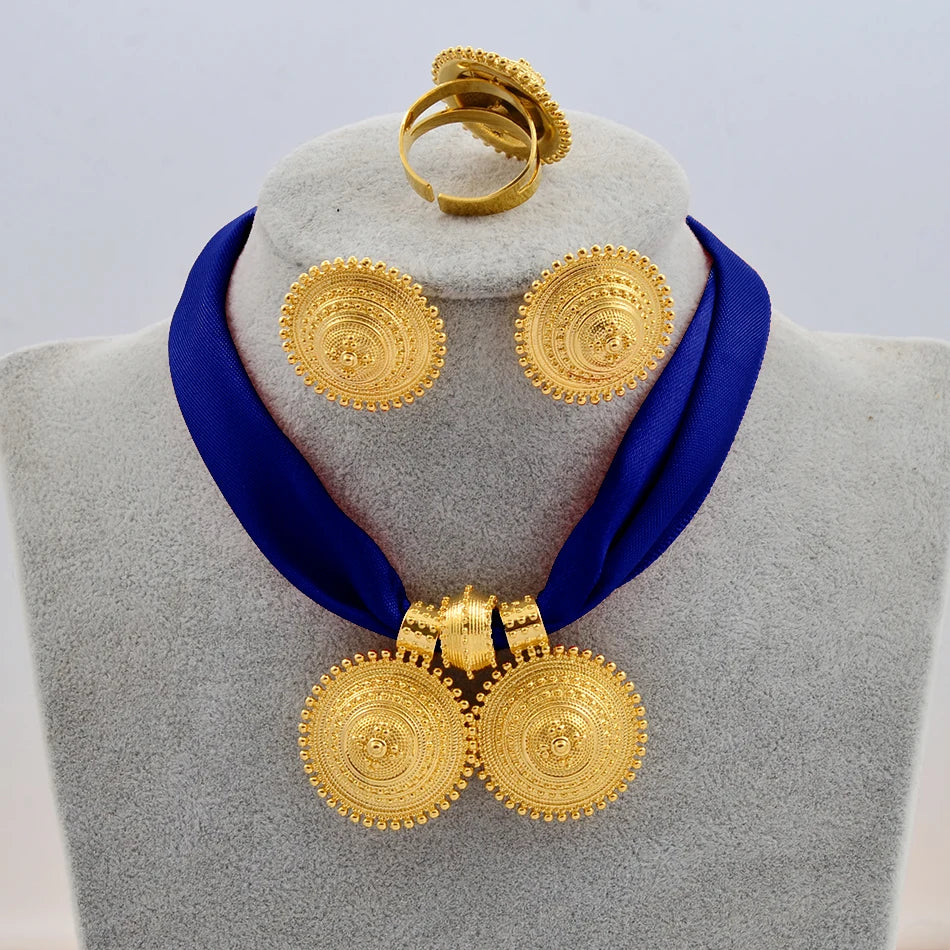 DIY Rope Chain Ethiopian Jewelry Set Gold Color Eritrea Ethnic Style Habesha Pendant Earrings Ring