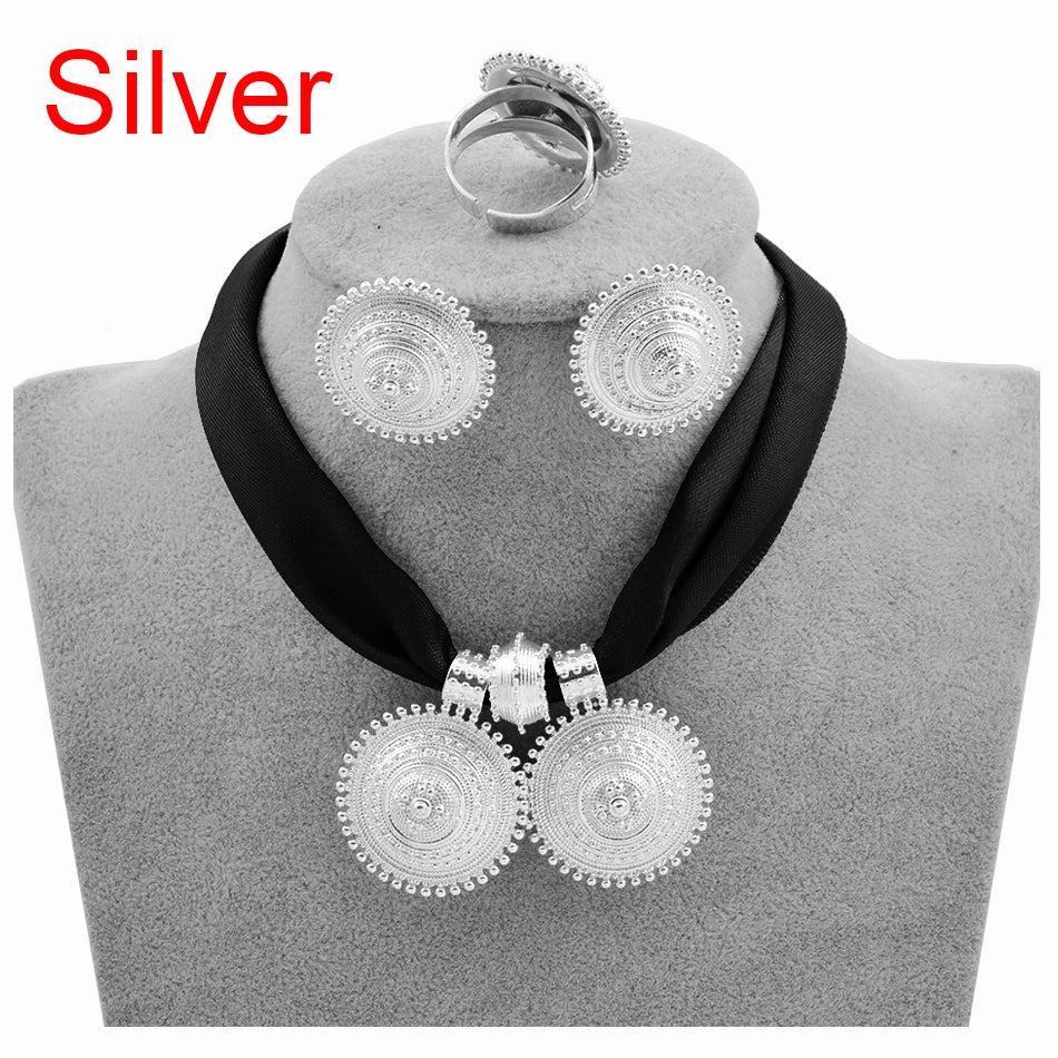 DIY Rope Chain Ethiopian Jewelry Set Gold Color Eritrea Ethnic Style Habesha Pendant Earrings Ring