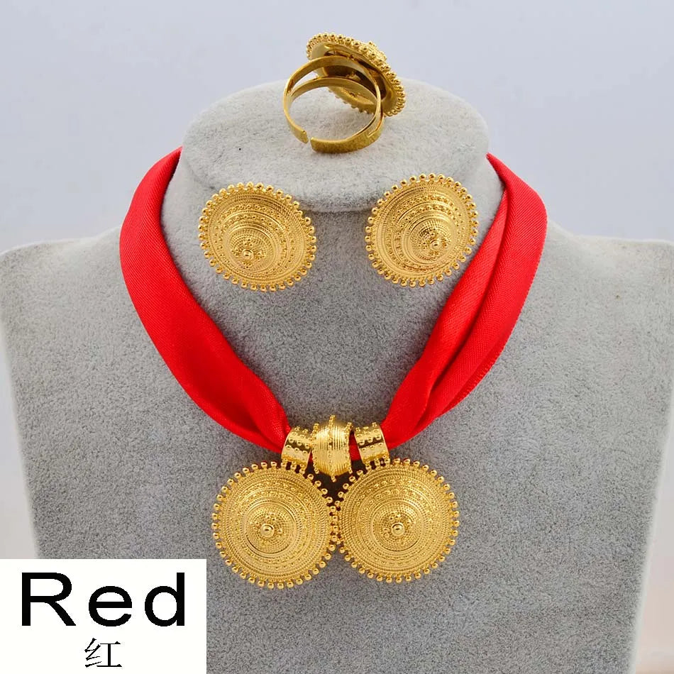 DIY Rope Chain Ethiopian Jewelry Set Gold Color Eritrea Ethnic Style Habesha Pendant Earrings Ring