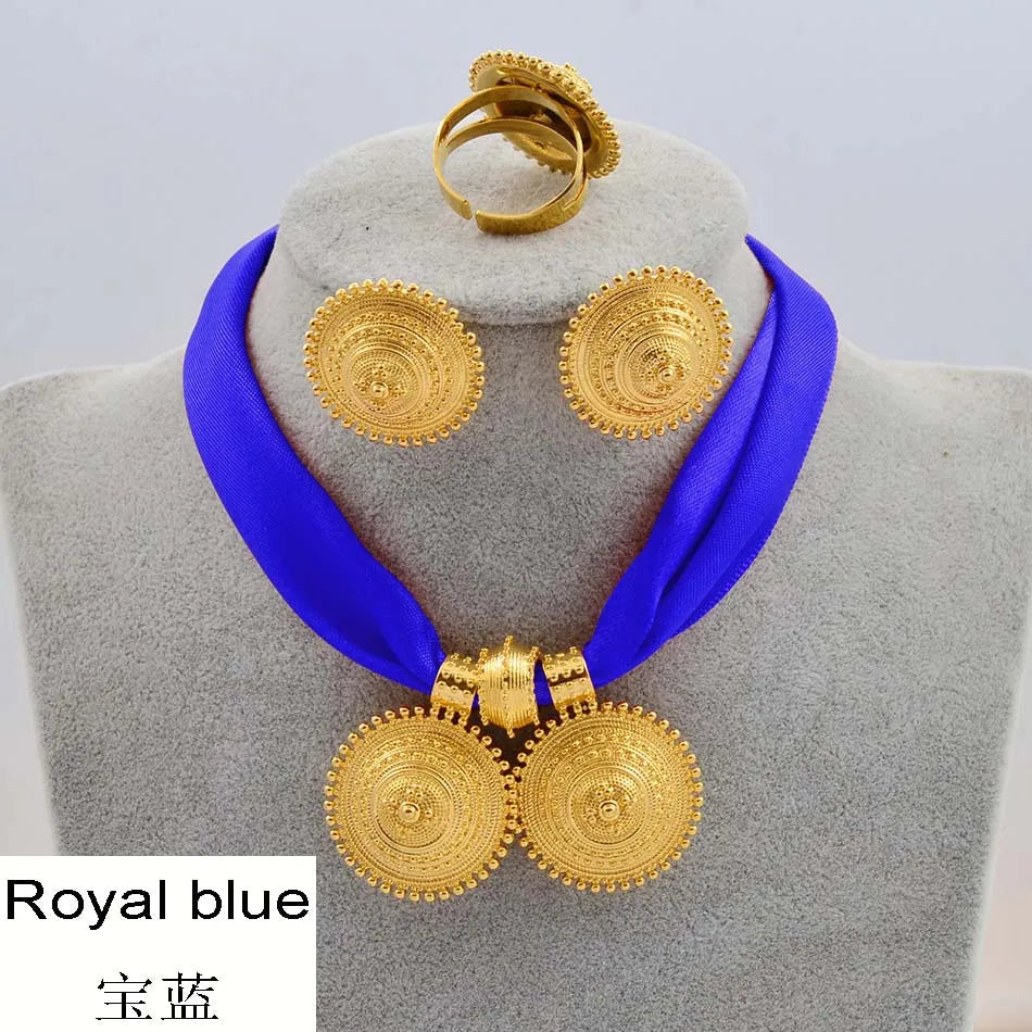 DIY Rope Chain Ethiopian Jewelry Set Gold Color Eritrea Ethnic Style Habesha Pendant Earrings Ring