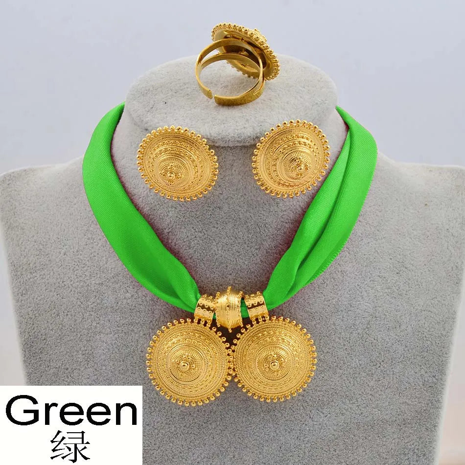 DIY Rope Chain Ethiopian Jewelry Set Gold Color Eritrea Ethnic Style Habesha Pendant Earrings Ring