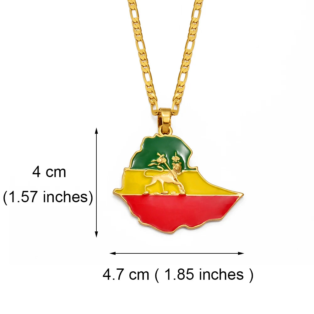 4.7CM Ethiopian Map Flag Pendant Necklace for Women Men Gold Color Ethiopia Jewelry Map Chains