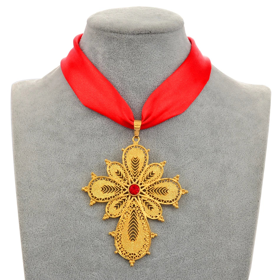 Ethiopian Wedding Party Cross Pendant DIY Rope Chain for Women ,Gold Color Eritrea Jewelry African Crosses