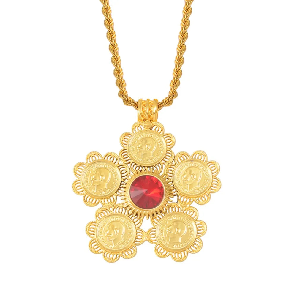 Ethiopia Coins Jewelry Arab Pendant Necklaces Women Ethiopian Wedding Eritrea African Gold Color Coin Jewellery