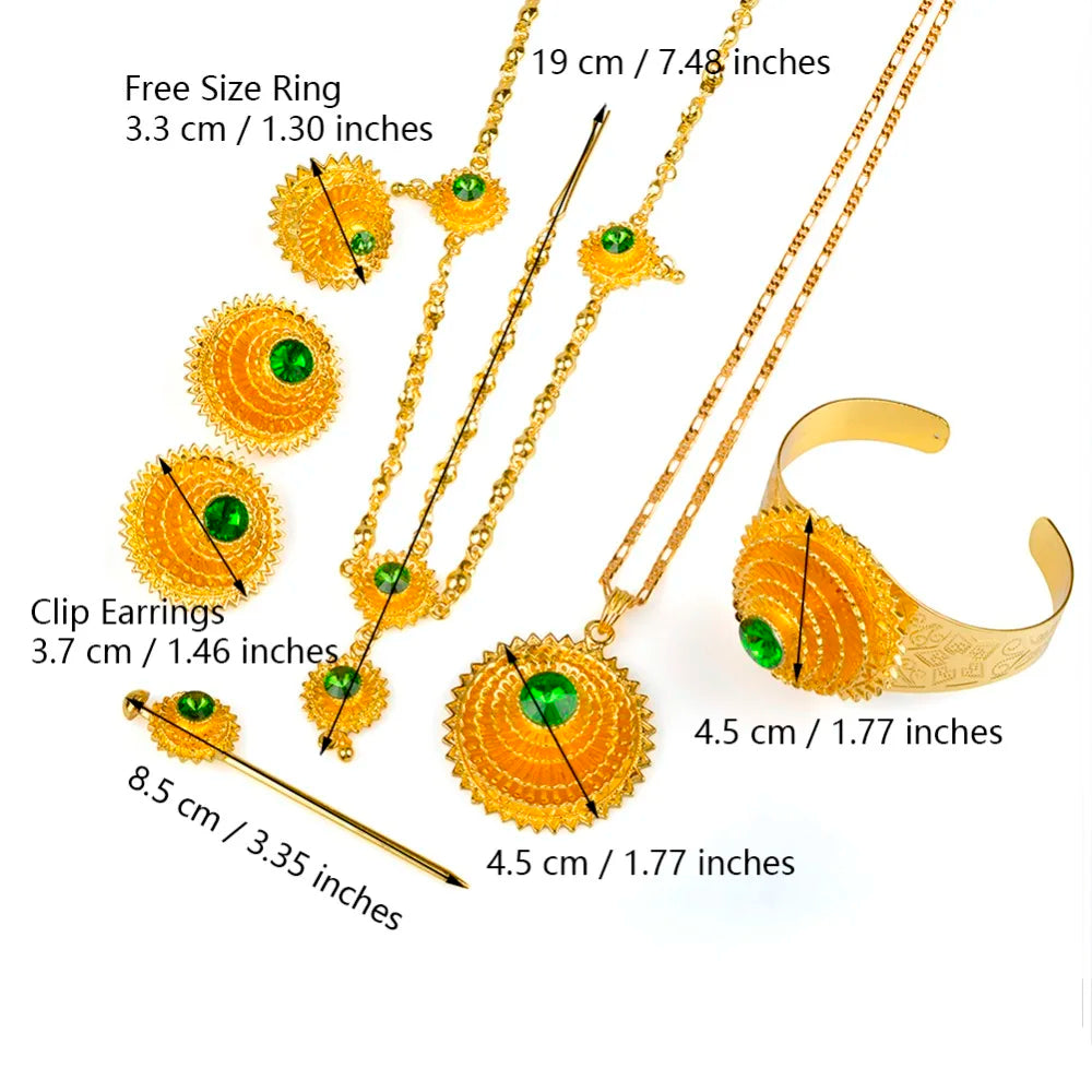 Ethiopian Jewelry set Gold Color Green Stone With Hair Piece Hair Pin Women Fashion Eritrea Habesha African