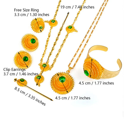 Ethiopian Jewelry set Gold Color Green Stone With Hair Piece Hair Pin Women Fashion Eritrea Habesha African