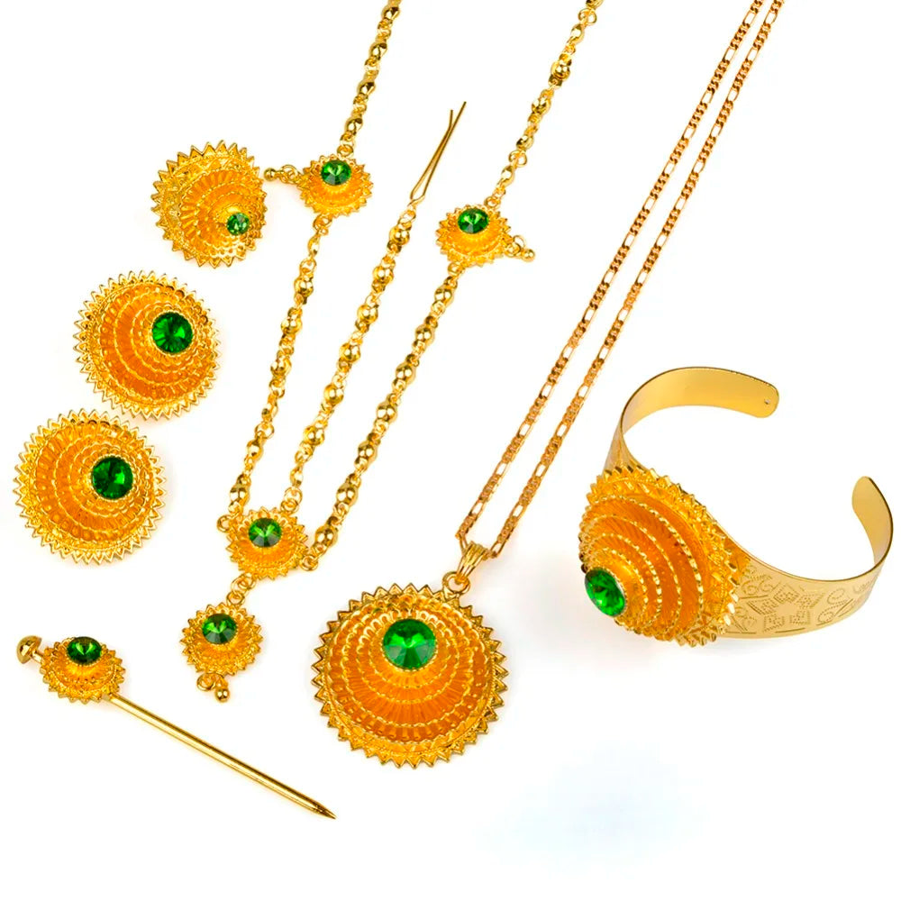 Ethiopian Jewelry set Gold Color Green Stone With Hair Piece Hair Pin Women Fashion Eritrea Habesha African